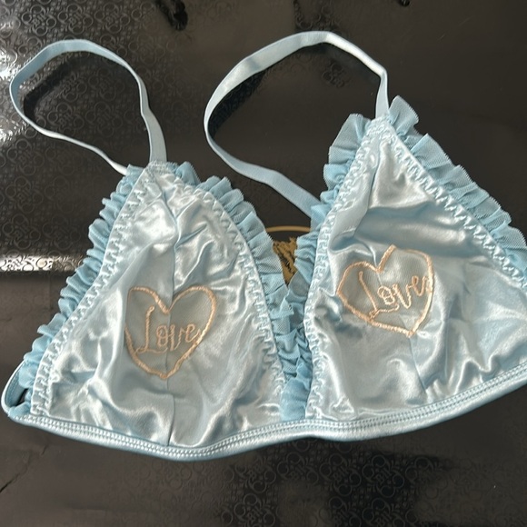 Coquette Silky Satin Mesh Ruffled “LOVE” Stretchy Baby Blue Triangle Bra Top - Picture 11 of 12